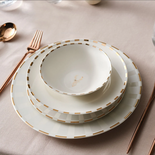 [AZN] Karaca Elegance Bone Aries Metalic 24 Parça 6 Kişilik Bone Porselen Metalik Tasarımlı Yemek Takımı