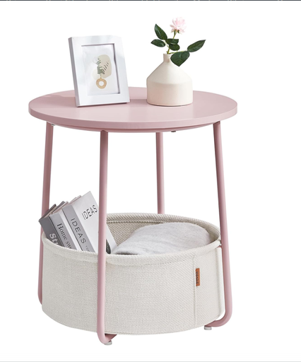 [AZN] VASAGLE Yuvarlak sehpa, küçük masa, sehpa küçük, kumaş sepetli oturma odası masası, oturma odası, yatak odası için depolama alanı, modern komodin, beyaz-bej LET223W10