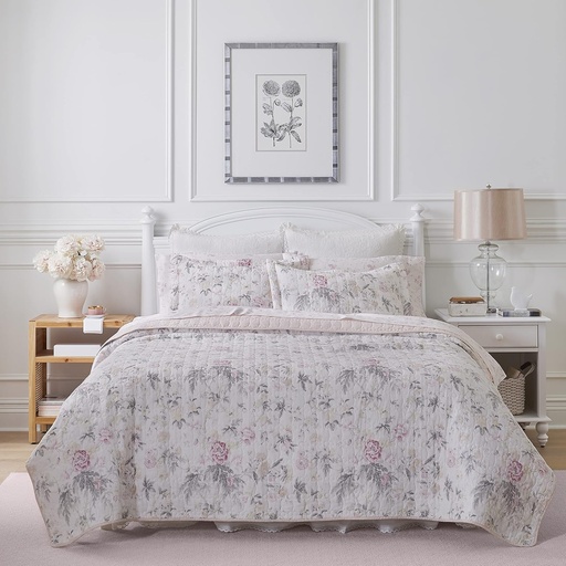 [AZN] Laura Ashley - King Quilt Set, Reversible Cotton Bedding with Matching Shams, Lightweight Home
