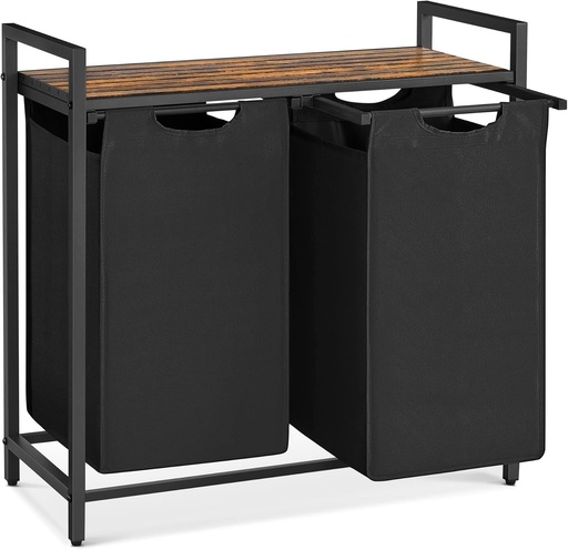 [AZN] VASAGLE Çamaşır Sepeti 2 Bölmeli, Raflı Çamaşır Torbası, Çamaşır Kutusu, Oxford Kumaştan Uzatılabilir Çamaşır Torbası, Metal Çerçeve, 2 x 46 L, 73 x 33 x 72 cm, Vintage Kahverengi-Gri BLH201G01