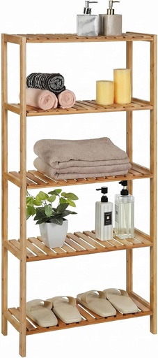 [AZN] SONGMICS Banyo Rafı 5 Katlı Bambu Dik Raf 9 Seviyede Yüksekliği Ayarlanabilir Çok Fonksiyonlu, Oturma Odası, Koridor, Mutfak İçin Uygun 60x26x130 cm Doğal Renk Bcb35Y