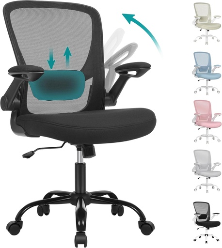 [AZN] SONGMICS ofis koltuğu, masa sandalyesi, file kaplamalı döner sandalye, ergonomik, yastıklı bel desteği, sallanma fonksiyonu, 53 cm koltuk, katlanır kolçaklar, siyah OBN37BK