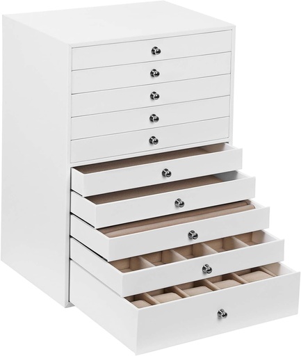 [AZN] SONGMICS Mücevher kutusu, 10 seviyeli mücevher kutusu, büyük sentetik deri mücevher kutusu, çekmeceli ve saat minderi, JBC10W, beyaz, 29 x 20,5 x 40,5 cm
