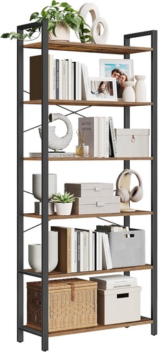 [AZN] VASAGLE Kitaplık, 6 Katlı Raf, çelik çerçeveli yüksek rustik Raf, Oturma Odası, ofis, çalışma Odası, Koridor, Endüstriyel Tarz, 80 x 30 x 186 cm, rustik Kahverengi ve Siyah LLS082B01