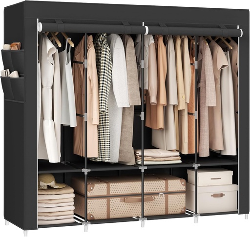 [AZN] SONGMICS Kumaş Dolap, Elbise Dolabı, 45 x 170 x 167 cm, 4 Askılı Bölmeli, 4 Yan Cepli, Yatak Odası, Oturma Odası için Geniş Alan, Siyah RYG094B02