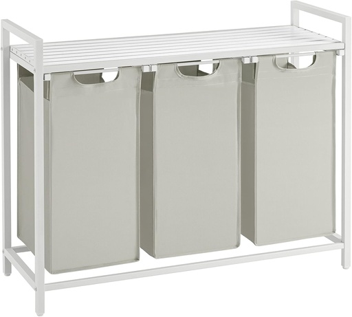 [AZN] VASAGLE Çamaşır Sepeti 3 Bölmeli, Raflı Çamaşır Torbası, Çamaşır Kutusu, Oxford Kumaştan Uzatılabilir Çamaşır Torbası, Metal Çerçeve, 3 x 38 L, 92,5 x 33 x 72 cm, Beyaz BLH301W01