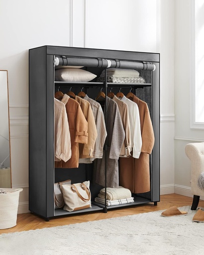 [AZN] SONGMICS RYG02GY elbise dolabı, 2 elbise askılı gardırop, kıyafet muhafazası, kumaş dolap, elbise askısı, katlanabilir, giyinme odası, yatak odası, 43 x 140 x 174 cm, gri