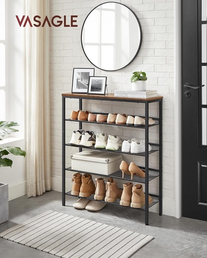 [AZN] VASAGLE Ayakkabı Rafı 5 Katlı Ayakkabı Dolabı Açık Ayakkabı Rafı Ayakkabı Rafı 75 x 28 x 93 cm Çantalar için Büyük Yüzey Giriş Koridoru Metal Endüstriyel Tasarım Vintage Kahverengi Siyah LBS038B01