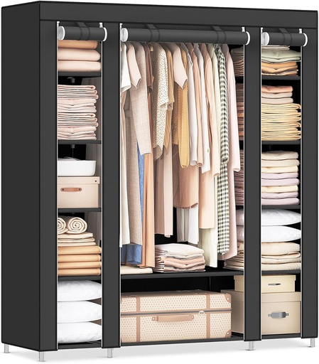[AZN] SONGMICS gardırop, kumaş gardırop, dokunmamış kumaş kapaklı, elbise askılı katlanır gardırop, 45 x 150 x 175 cm, 12 raf, metal çerçeve, yatak odası için gardırop, siyah LSF03H