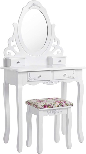 [AZN] SONGMICS Makyaj Masası, Ayna ve Tabure Ile Oyuk Makyaj Masası, 4 Çekmece, Eğim Koruması, Beyaz Rdt04W, 75 X 40 Cm