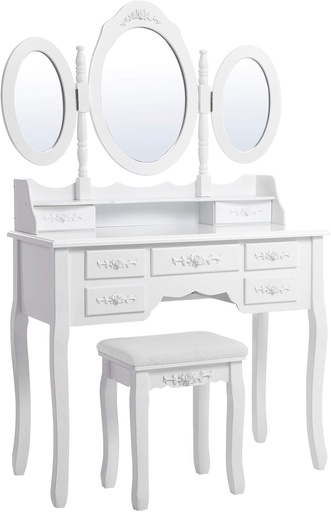 [AZN] SONGMICS 3 aynalı ve tabureli tuvalet masası, 7 çekmece, eğim koruması, lüks, 145 x 90 x 40 cm, beyaz RDT91W